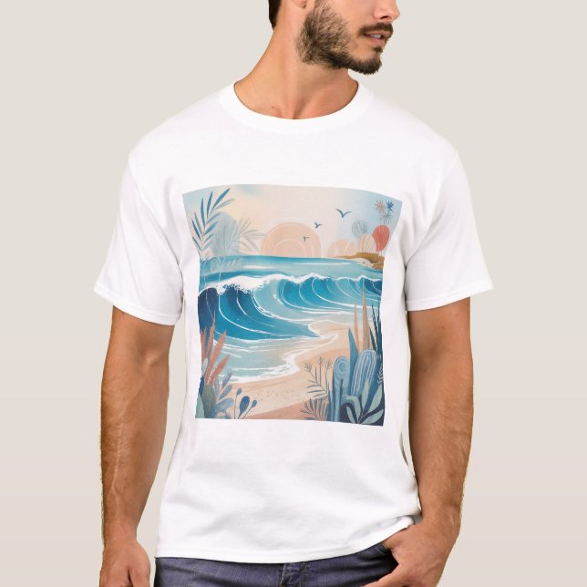 Beach Wave Minimal Art T-Shirt – Calm Coastal Aest (Frente)