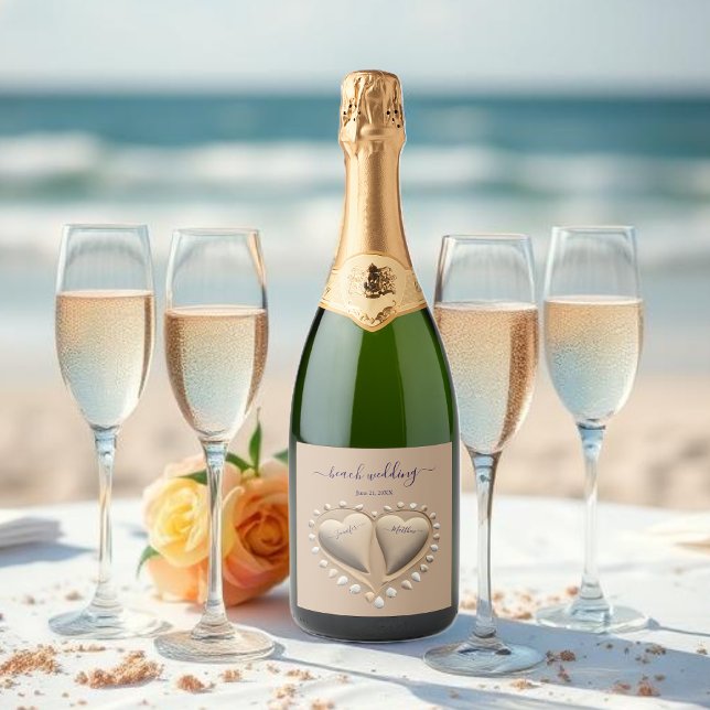 Beach Wedding Sand Hearts (Beach Wedding Sand Hearts Sparkling Wine Label )