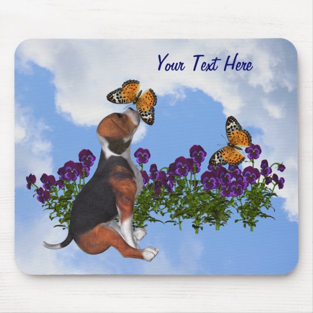 Beagle Puppy Butterflies Flores Animal Mousepad (Frente)