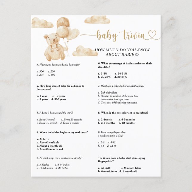 Bear Baby Trivia | Jogo Chá de fraldas (Frente)