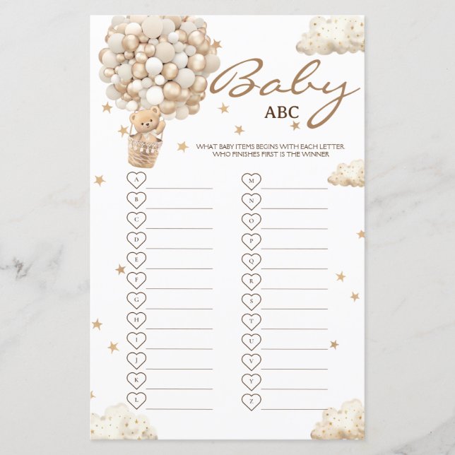 Bear Balões Andar Chá de fraldas Espera Jogo ABC (Frente)