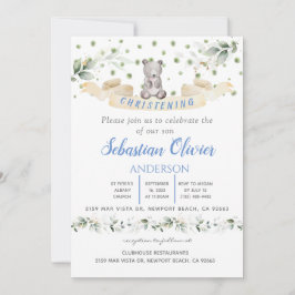 Bear Blue Floral Greenerescência Baptism Convite p