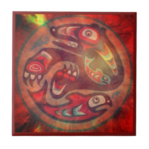 Bear Comendo Salmão Azulejo Nativo Americano