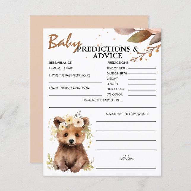 Bear Cub Woodland Baby Predictions & Advice Card (Frente/Verso)