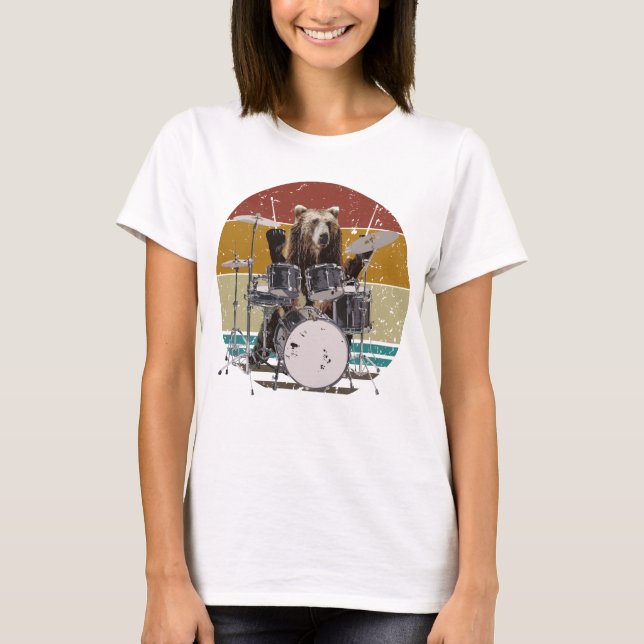 Bear Drummer Jogando Tambores Mulheres Camiseta (Frente)