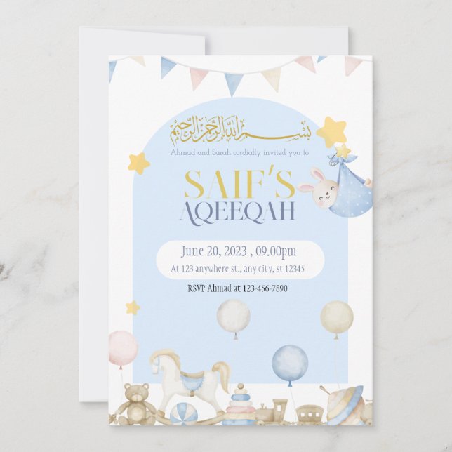 Bear Ursinho Bebê Blue Boy Aqeqeqah Aqeqa Convite (Frente)