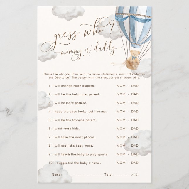 Bearly Wait Blue Guess Who Baby Shower Game (Frente)