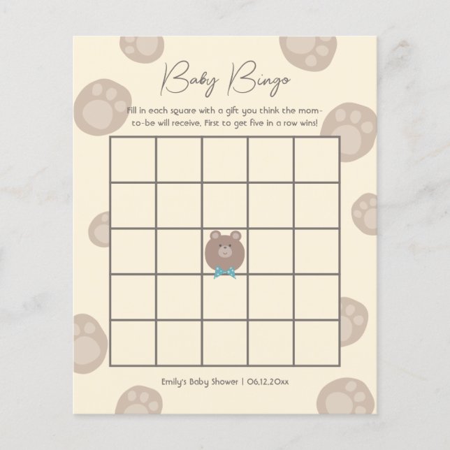 Beary Cute Brown Teddy Bear Chá de fraldas Bingo (Frente)