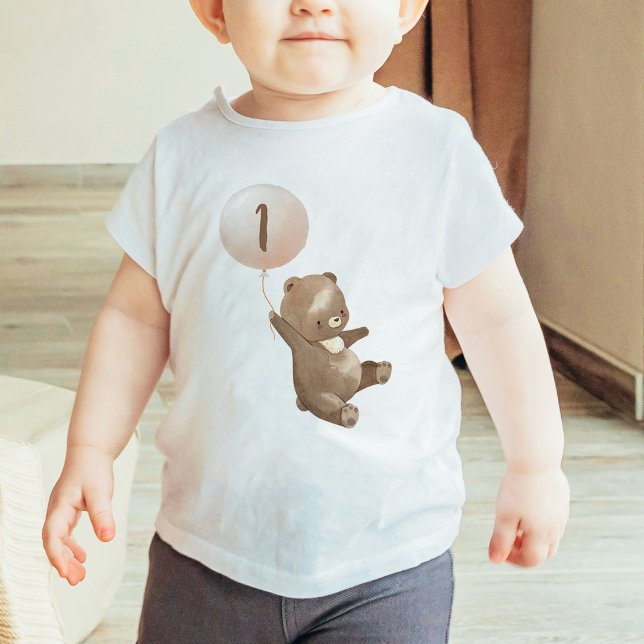 Beary First Birthday Baby T-Shirt Bear Balloon (Criador carregado)
