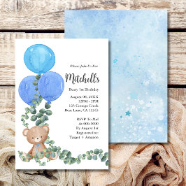 Beary First Birthday Blue Balloon Convite