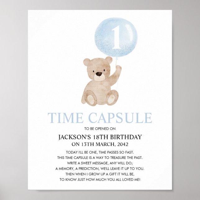 Beary First Birthday Blue Bear Time Poster (Frente)