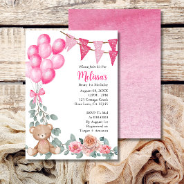 Beary First Birthday Pink Balloon Convite