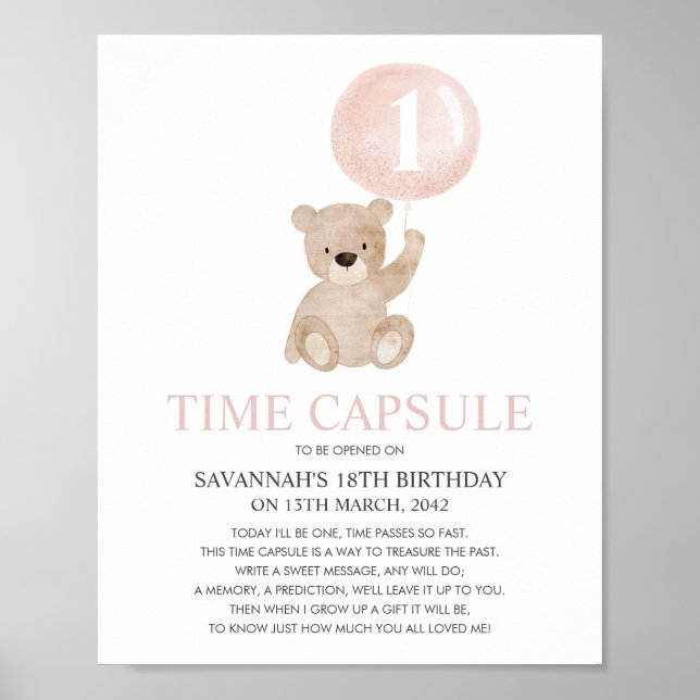 Beary First Birthday Pink Bear Time Poster (Frente)