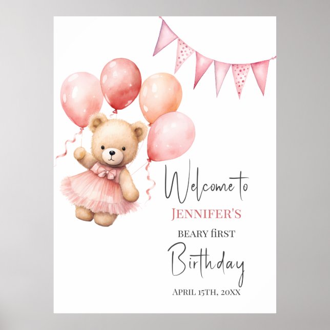 Beary First Birthday Poster Pink Balloon  (Frente)