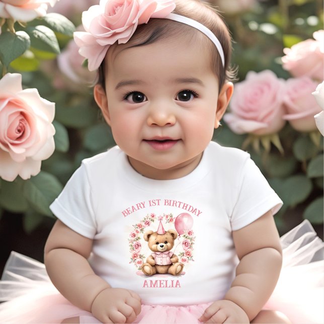 Beary primeiro aniversario Bear Girl Rosa T-shirt (Beary 1st Birthday Bear Girl Pink Baby T-shirt)