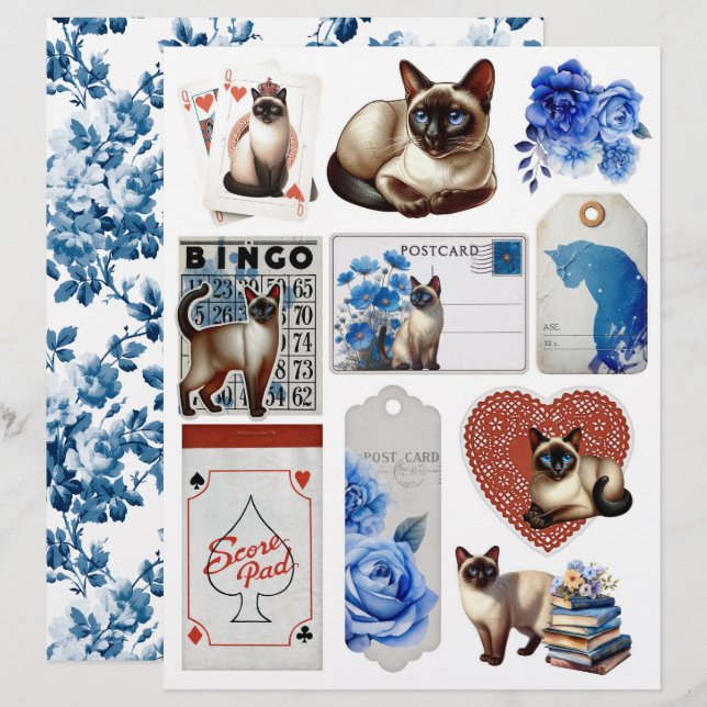 Beautiful Fussy Cuts with Siamese Cat & Blue Roses (Frente/Verso)