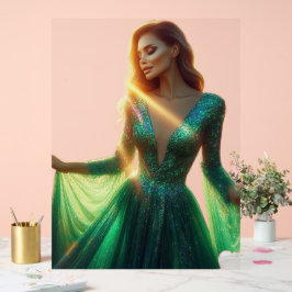 Beautiful Woman in a Green Dress on a 18x24 