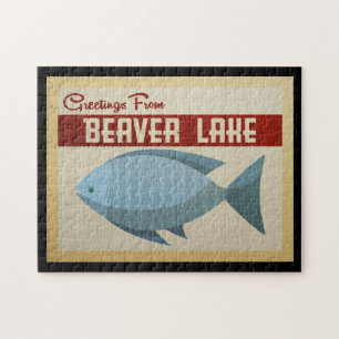 Beaver Lake Jigsee Quebra-cabeça Blue Fish Vintage