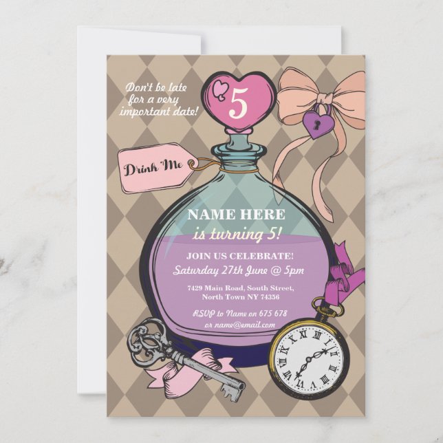 Beba-me convite Alice no aniversário do país das (Frente)