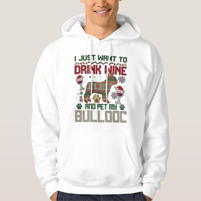 Beba Vinho Bulldog Cachorro Suéter Feio Chapéu de  (Frente)