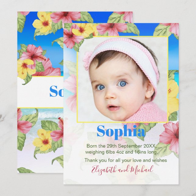 Bebê Anúncio Foto Tropical Floral Beach (Frente/Verso)