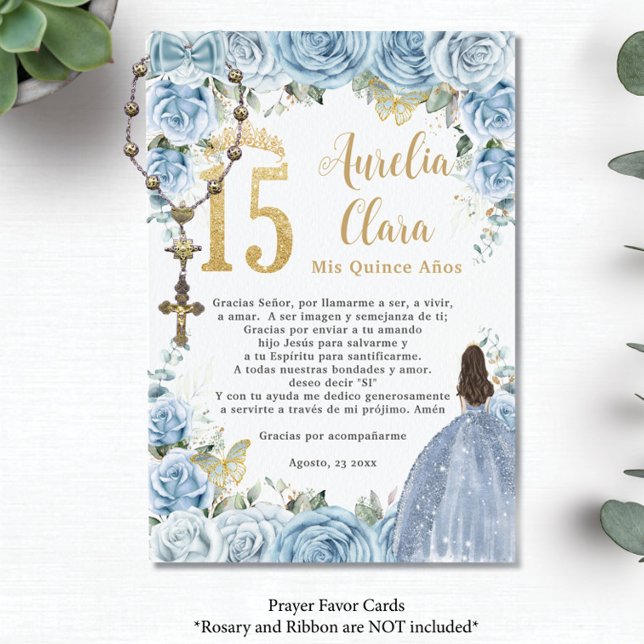 Bebê Blue Floral Princesa Quinceañera Cartão de Or (baby blue roses floral gold 15 XV princess dress quinceanera rosary prayer card favors printed)