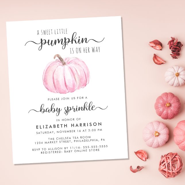 Bebê borrifado Pumpkin Pink Watercolor Convite (Celebrate the upcoming arrival of your sweet little autumn baby with a pumpkin-themed baby sprinkle)