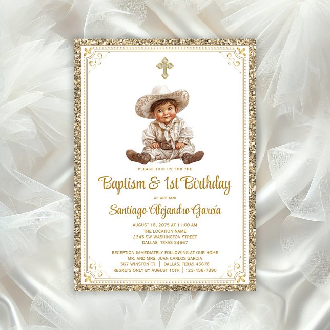 Bebê charro Dourado batismo e convite de aniversár (Adorable baby charro baptism invitation, You can change all text, move baby, move/remove cross/)