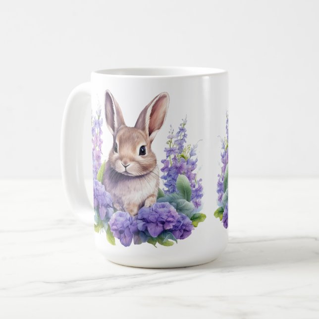 Bebê coelho com flores roxas caneca de café de 15  (Frente Esquerda)
