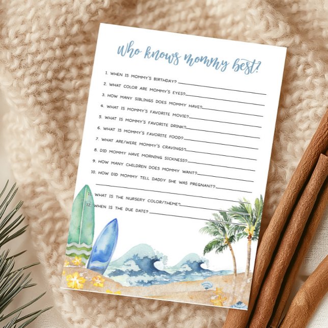 Bebê da praia Conselho que conhece o melhor jogo d (Surfing Summer Boy Baby Shower Who knows Mommy Best Game)