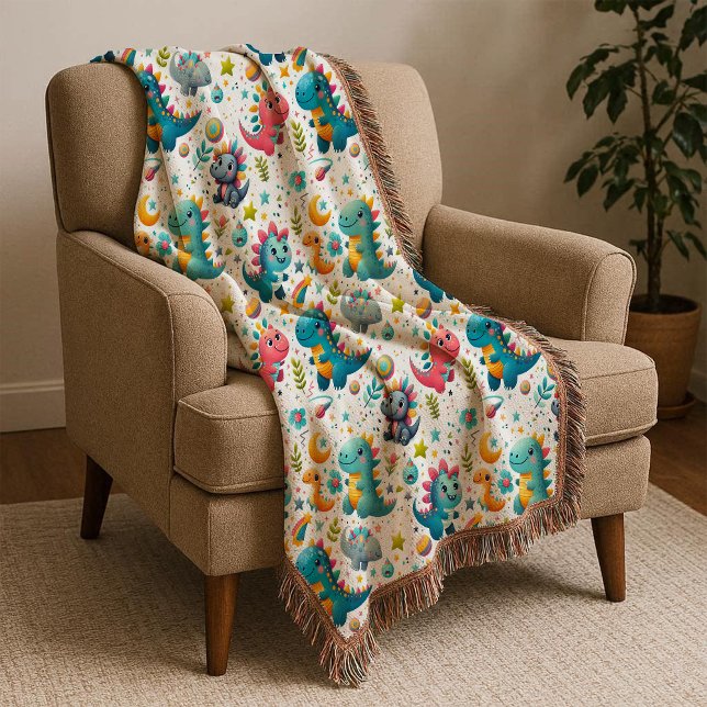 Bebê Dinossauro Fofo Cobertor Dinossauro Colorido  (Cute Baby Dinosaur Teal Colorful Dino Throw Blanket)