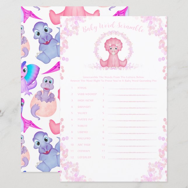 Bebê Dinossauro Rosa Desembaralhe as Palavras Jogo (Frente/Verso)