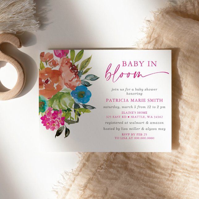 Bebê do orçamento no Chá de fraldas de Bloomia Ros (Bright Baby in Bloom Pink Floral Girl Baby Shower Invitation)