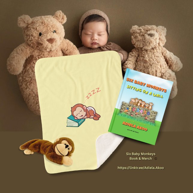 Bebê dormindo no cobertor por Adiela Akoo (Six Baby Monkeys book & sleeping monkey sherpa blanket by Adiela Akoo - a great gift combo. BUY NOW!)