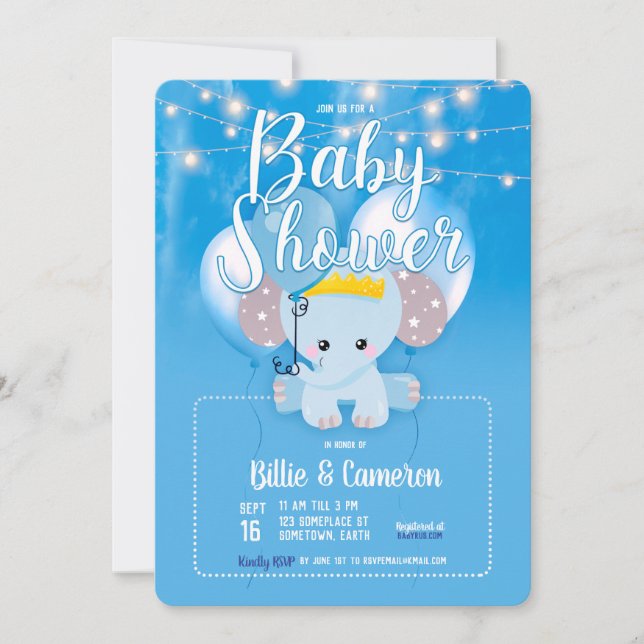 Bebê Elefante Balões Azuis Convite Chá de Bebê (Frente)