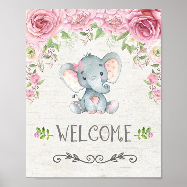 Bebê-Elefante Floral Rosa Poster (Frente)