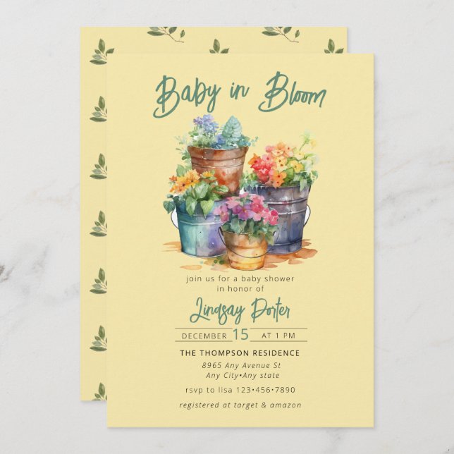 Bebê em Bloom | Convite para Chás de fraldas de aq (Frente/Verso)