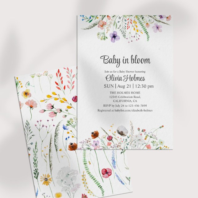 Bebê em Bloom Flores Selvagens Convite para Chá de (Baby in Bloom Wildflowers Baby Shower Invitation on a white table.)
