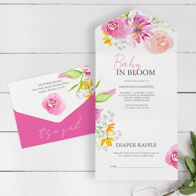 Bebê em Bloom Watercolor Bebê Chamas (Baby in bloom baby shower invites watercolor pink floral art by Victoria Grigaliunas )