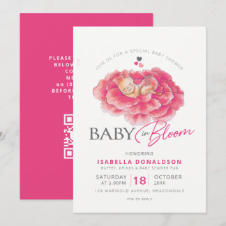 Bebê em flor rosa código QR de convite de chá de b