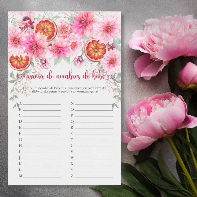 Bebê espanhol Race Pink - Jogo de Chá de fraldas (Spanish baby name race citrus with pink flowers baby shower game, girl baby shower,)
