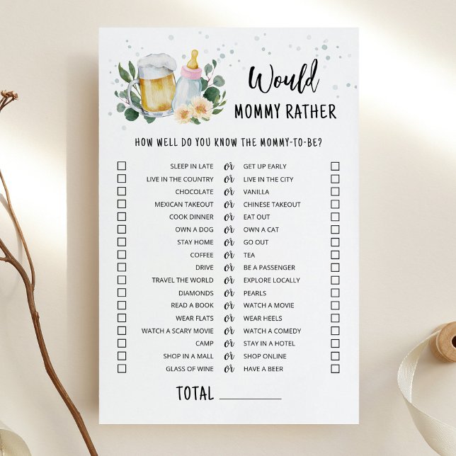 Bebê está a caminho, o que a mamãe preferiria Jogo (Greenery and Beer Baby Brewing Baby Shower Would Mommy Rather Game)