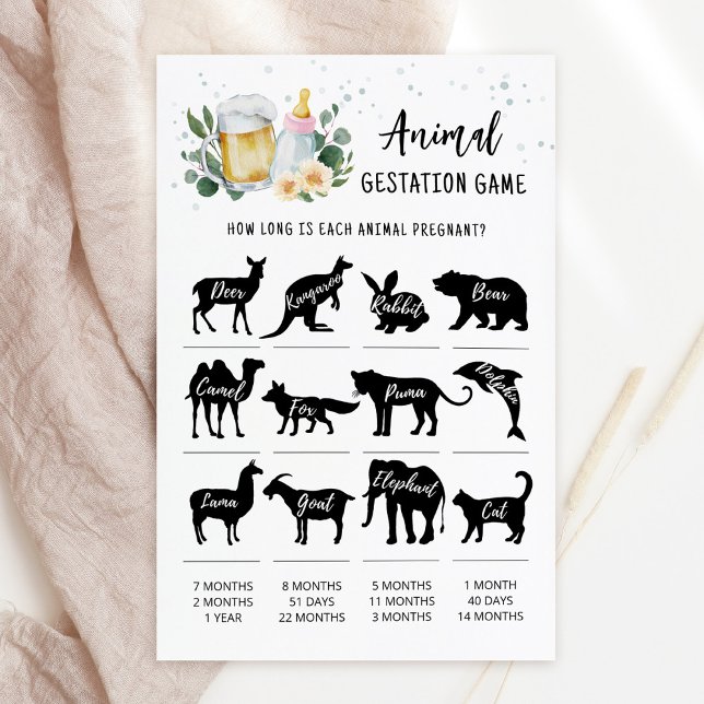 Bebê Está Cozinhando Jogo Rosa de Gestação Animal (Beer and Floral Baby is Brewing Baby Shower Animal Gestation Game Card)