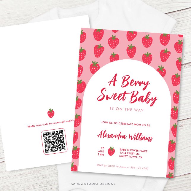 Bebê Garota Berry Doce Convite para Chá de fraldas (Image shows a 5 x 7 inch. invitation with a QR Code on backside. Personalize and choose style.)