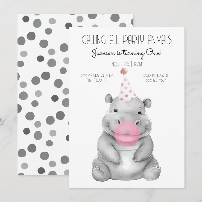 Bebê hippo negro e branco Convite de Aniversário (Frente/Verso)