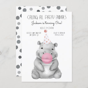 Bebê hippo negro e branco Convite de Aniversário