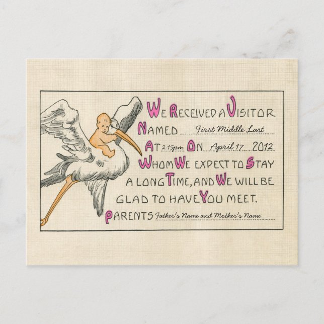 Bebê Menina Retrô e Anúncio de Nascimento dos Pais (Frente)