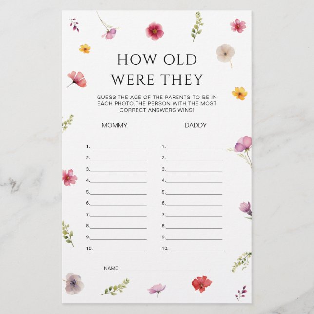 Bebê no Bloom Chá de fraldas Adivinha Jogo da Idad (Frente)