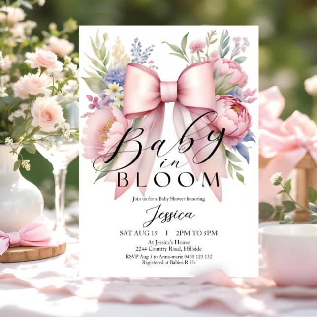 Bebê no Bloom - Convite para Chá de fraldas Rosa (Baby in Bloom Coquette Pink Bow Baby Girl Baby Shower Invitation. On trend Coquette Spring theme)