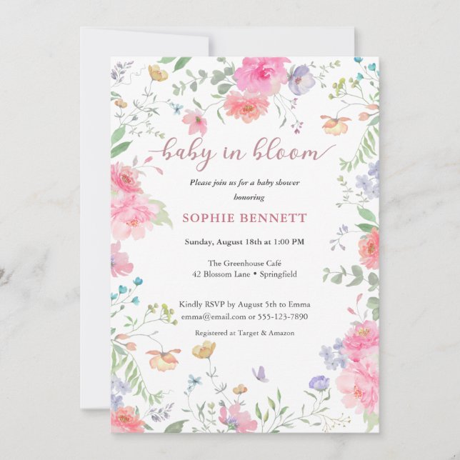 Bebê no Bloom Watercolor Convite para Florença (Frente)